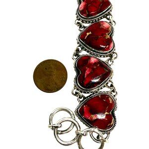 Silver Tone Heart Bracelet Red Rose Dahlia Inlay Adjustable Clasp 7-8 Inches